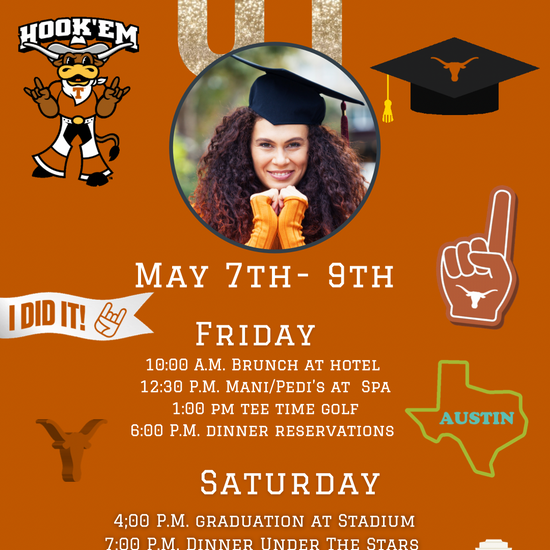 Editable University of Texas graduation weekend itinerary video invitation in burnt orange with Hook ’Em Longhorns theme. Includes personalized schedule for Friday through Sunday with graduation events, activities, and Austin icons. Perfect for celebrating your Longhorn grad. Vertical 1080x1920 format, easy to edit in Canva, and share via text, email, or social media.