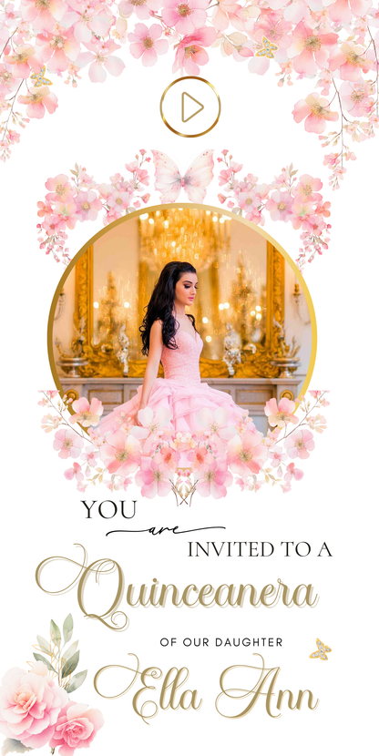 Pink Floral Quinceanera Website Invite |  Sweet 15 16 Evite RSVP Video Invitation | Canva Template