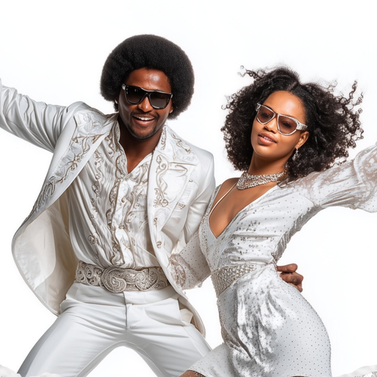 Editable White Party Disco Video Invitation in white disco theme featuring a stylish couple in retro outfits. Includes 3-page Canva template: animated invite, event details with disco balls, and thank you message. Perfect for white party, retro engagement, 70s theme, or mobile RSVP evite. Instant download, easy to customize and share via text or social media.