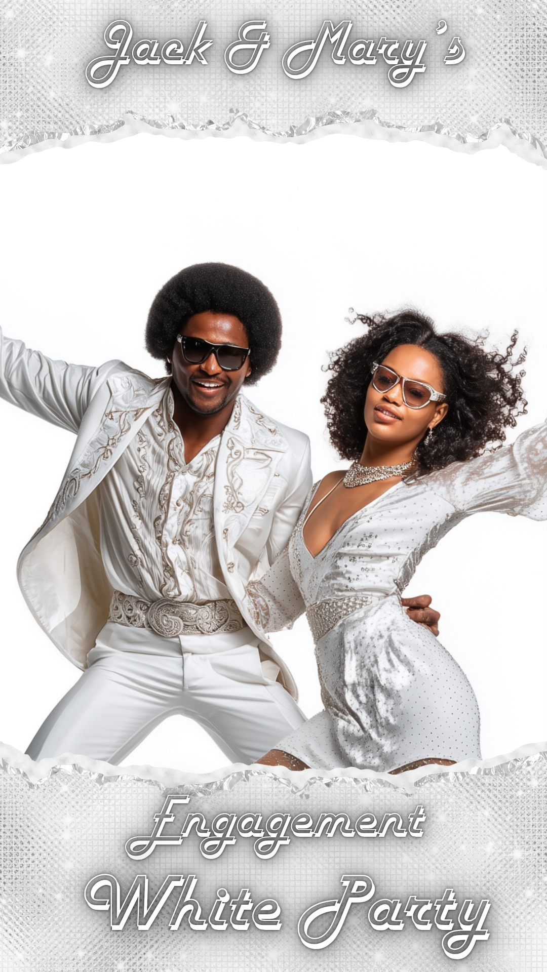 Editable White Party Disco Video Invitation in white disco theme featuring a stylish couple in retro outfits. Includes 3-page Canva template: animated invite, event details with disco balls, and thank you message. Perfect for white party, retro engagement, 70s theme, or mobile RSVP evite. Instant download, easy to customize and share via text or social media.