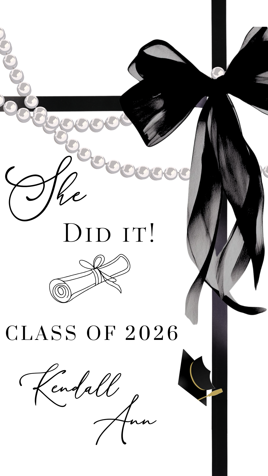 This Class of 2026 graduation video invite with Whits&nbsp;and Black bow with Pearls - this editable video template animated announcement is perfect for celebrating your grads special celebration. This is a feminine white&nbsp;and Black bow with Pearls minimalist elegance. Whether you need a digital invitation with photo, an instant download file, or a mobile-friendly animated template, this Canva editable invitation makes event planning seamless and stylish.
