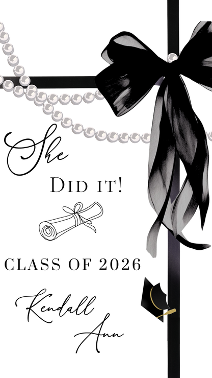 This Class of 2026 graduation video invite with Whits&nbsp;and Black bow with Pearls - this editable video template animated announcement is perfect for celebrating your grads special celebration. This is a feminine white&nbsp;and Black bow with Pearls minimalist elegance. Whether you need a digital invitation with photo, an instant download file, or a mobile-friendly animated template, this Canva editable invitation makes event planning seamless and stylish.
