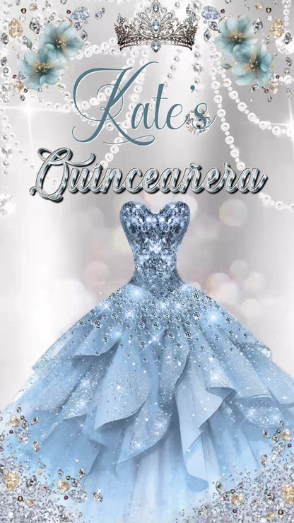 Editable Winter Wonderland Quinceañera Invitation Video – Sweet 15 Blue Snowflake Theme with Tiara, Ball Gown, and Personalized Photo | Animated MP4 Evite for Mobile Sharing | Instant Digital Download for Teen Girl’s Birthday