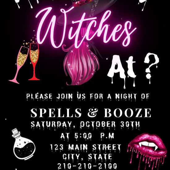 Editable pink witches halloween party party video invitation displayed on a mobile phone, featuring an animated vertical digital invite with music, created in Canva. This premium video invitation template is designed for sharing by text, email, and social media and works with an interactive RSVP website for easy guest response tracking.