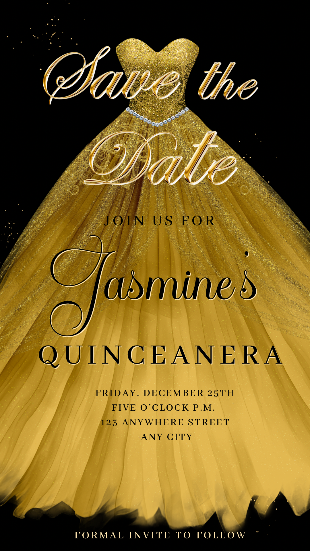 Gold Quinceanera Video Invite | Sweet 15 16 Quince RSVP Tracker | Editable Canva Evite Template