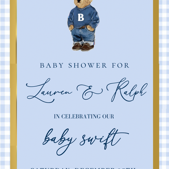 Blue Polo Bear Video Invitation | Digital Preppy Blue Boy baby shower invite and RSVP Tracker | Editable Canva Template
