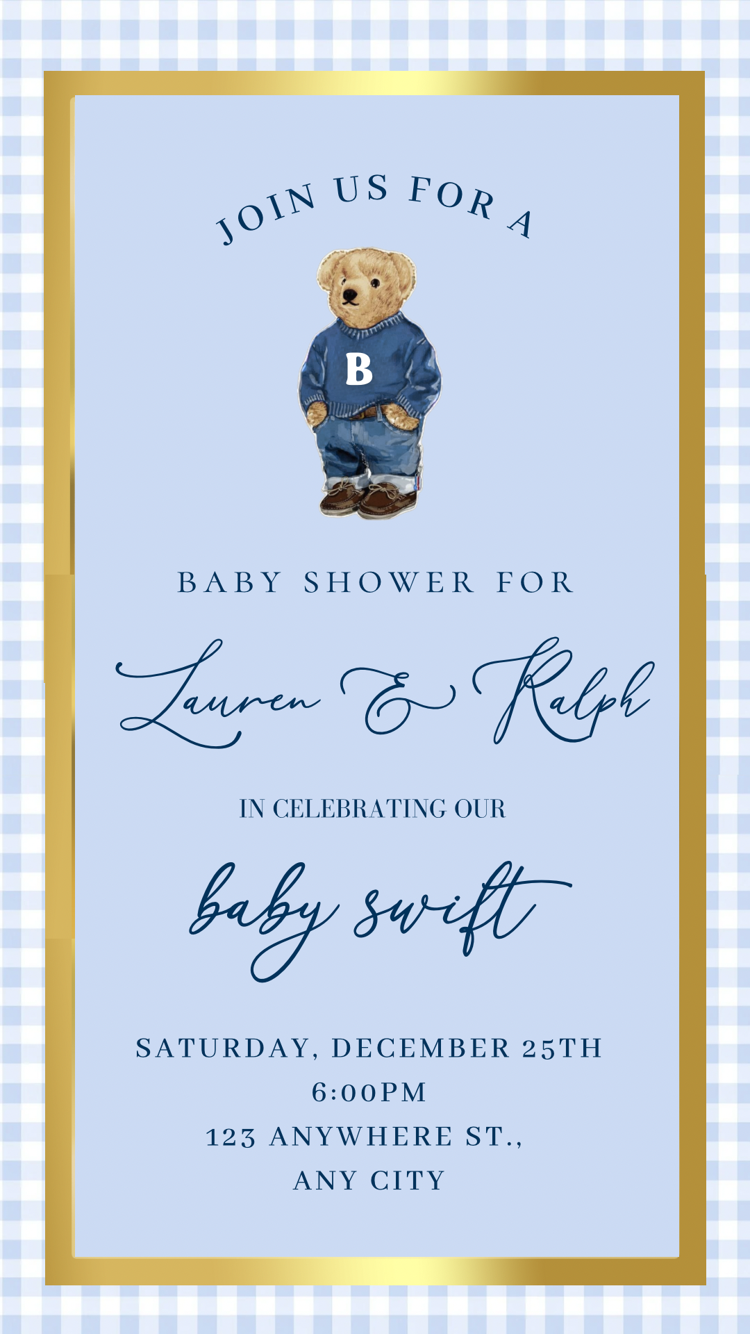Blue Polo Bear Video Invitation | Digital Preppy Blue Boy baby shower invite and RSVP Tracker | Editable Canva Template