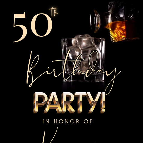 Editable whiskey birthday video invitation template featuring an elegant black and gold design with whiskey glass, bourbon theme, string lights, luxury typography, and animated Canva invitation for 40th, 50th, 60th birthday parties, retirement celebrations, men’s birthday events, cocktail parties, and upscale milestone celebrations. Perfect for texting invitations to guests and sharing digitally.