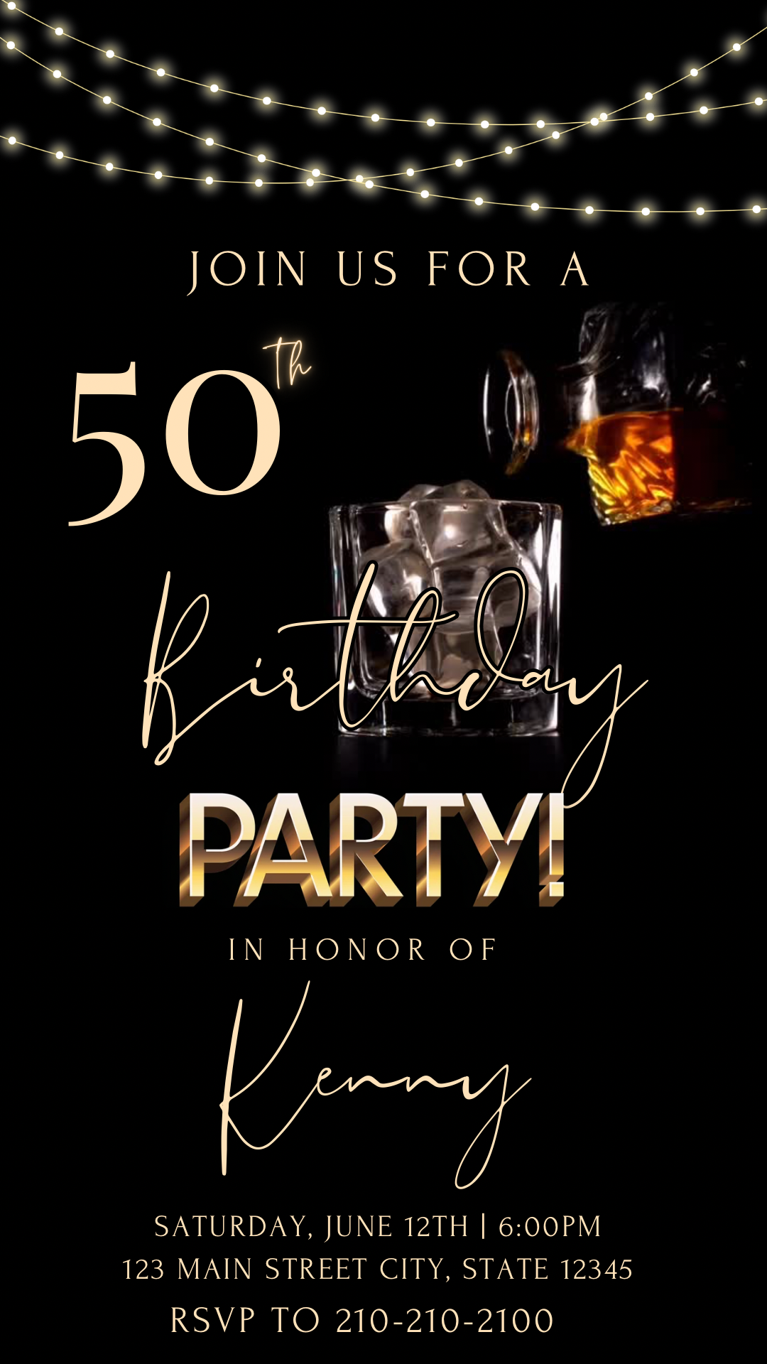 Editable whiskey birthday video invitation template featuring an elegant black and gold design with whiskey glass, bourbon theme, string lights, luxury typography, and animated Canva invitation for 40th, 50th, 60th birthday parties, retirement celebrations, men’s birthday events, cocktail parties, and upscale milestone celebrations. Perfect for texting invitations to guests and sharing digitally.