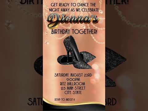 Peach and Black Heels Video Invitation, Glitter Glam Diamond Shoes Customized Digital Invite