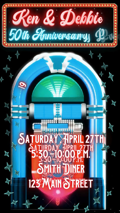 Rockabilly Video Invitation - Personalized 1950s Invitation - Animated Jukebox Rock n Roll