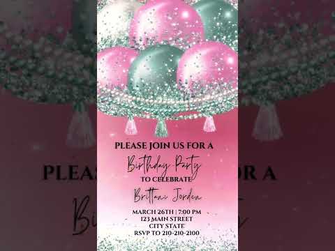 Pink and Silver Birthday Party Video Invitation, Birthday Balloon Invite, Any Occasion Evite