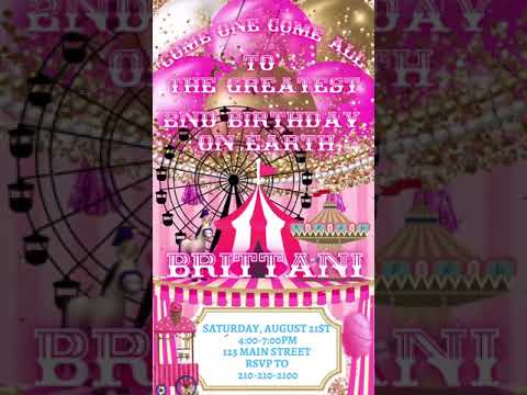 Pink Circus Birthday Video invitation, Pink Carnival birthday invitation