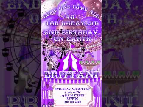 Purple Birthday Video invitation, Carnival birthday invitation, Circus invitation