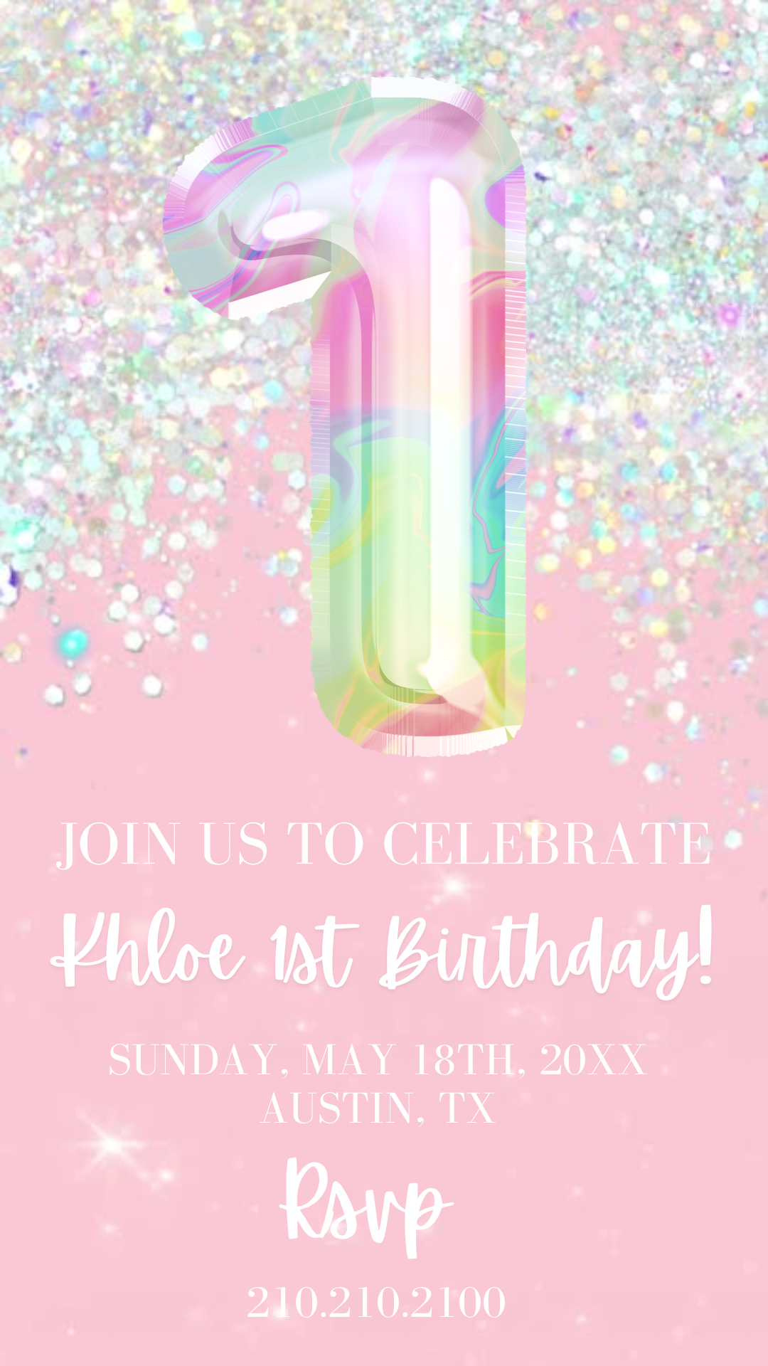 1st Birthday Pink Glitter Video Invitation, Pink Birthday Glitter Balloon Invite