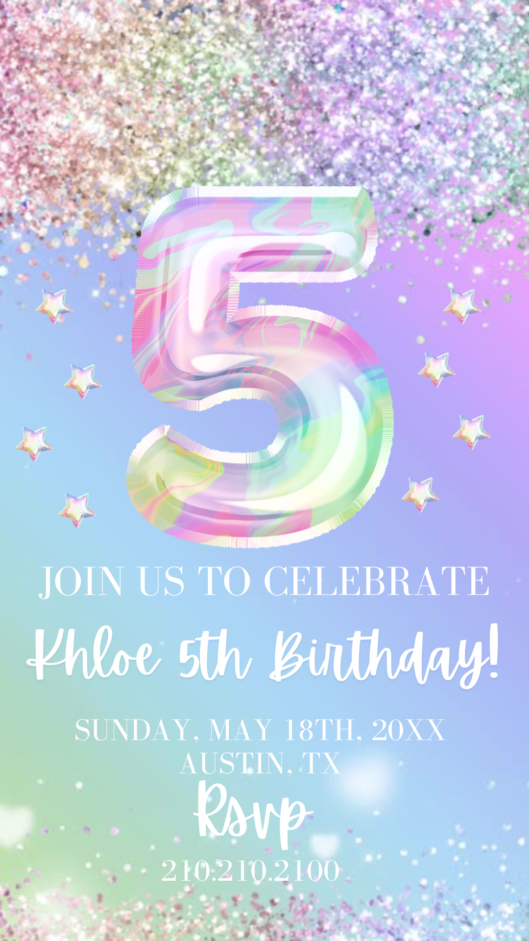 5th Birthday Pastel Video Invitation, Iridescent Glitter Invitation