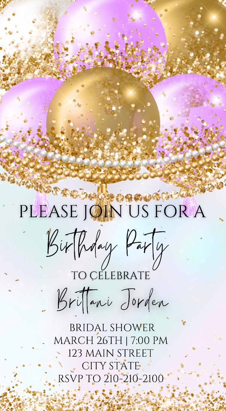 Purple and Gold Birthday Party Video Invitation, Birthday Balloon Invite, Any O