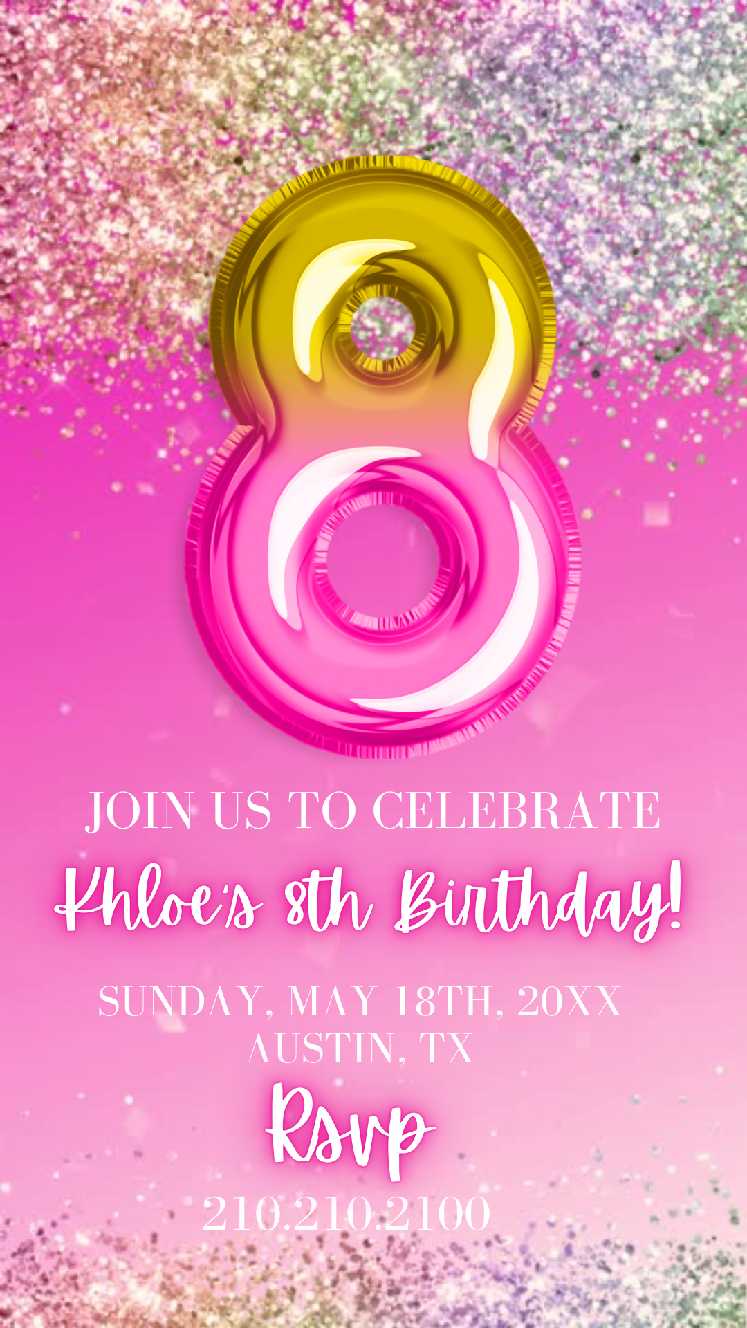 Pink and Gold 8th Birthday Invitation