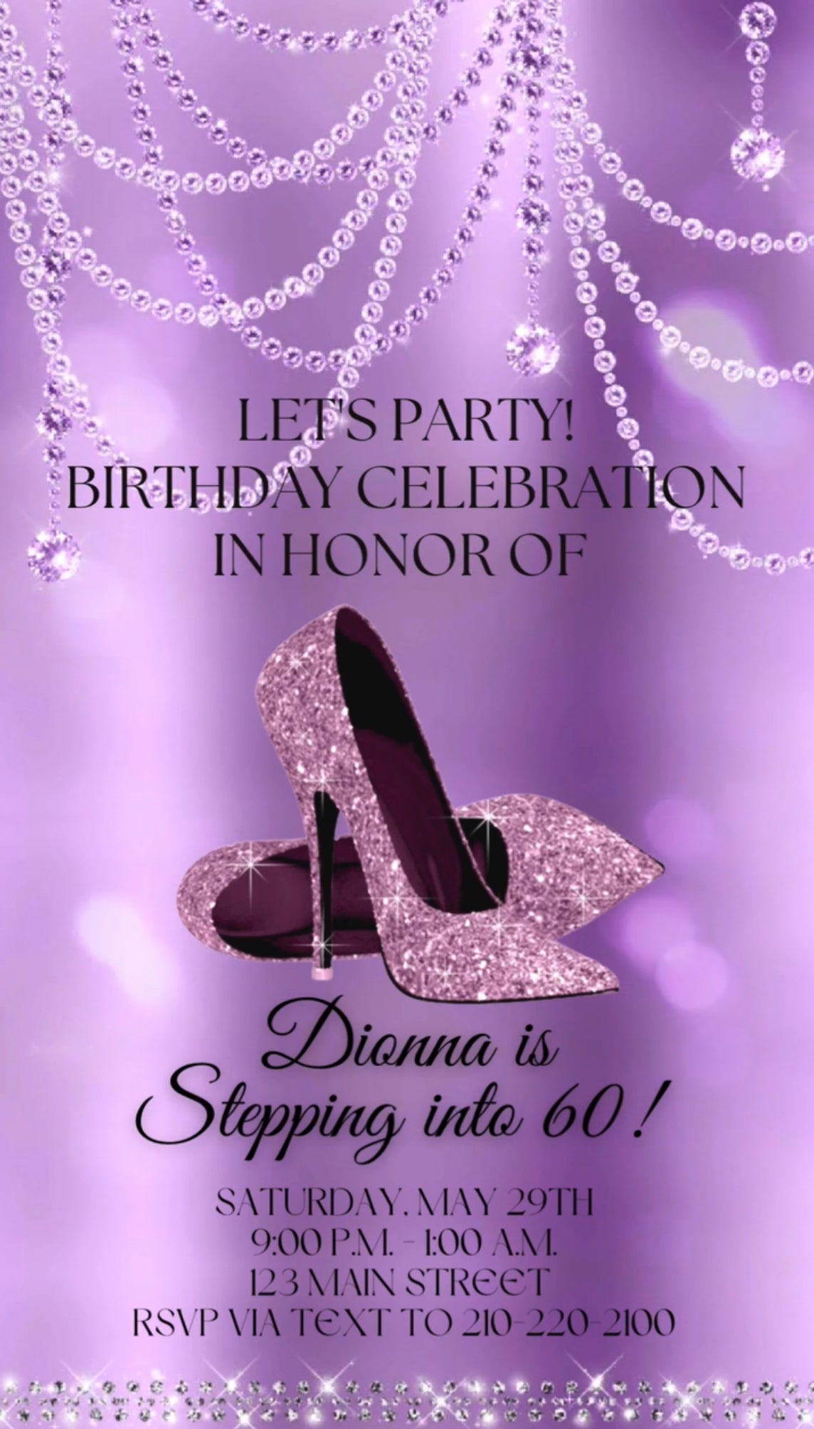 Pearl and Heels Video Invitation, Purple Glitter Glam Diamond Shoes Customized Digital Invite