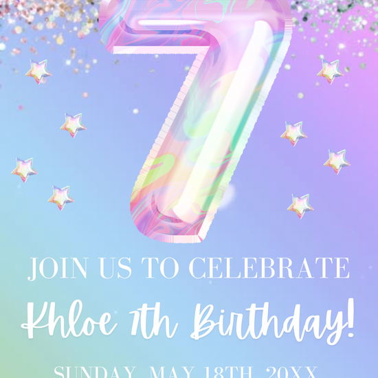 7th Birthday Pastel Video Invitation, Iridescent Glitter Invitation