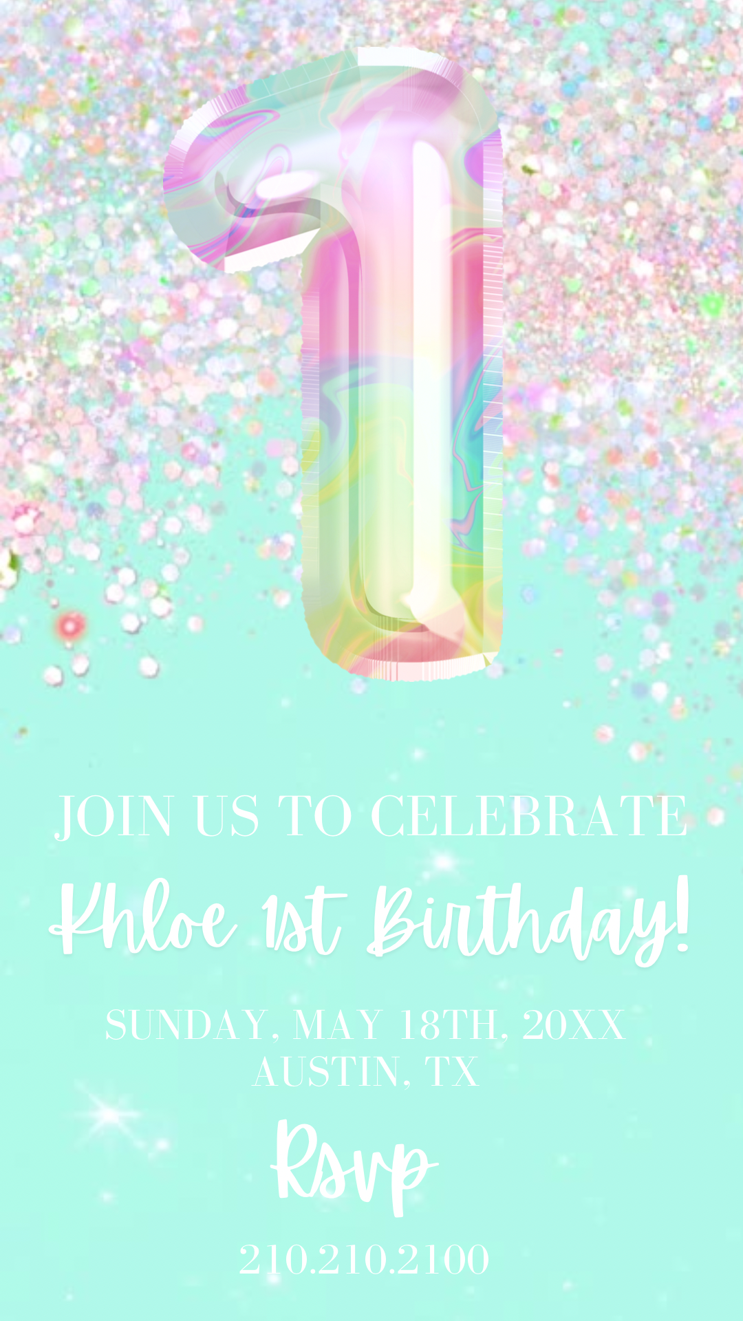 1st Birthday Glitter Video Invitation, Glitter Mint and Pink Birthday Invite