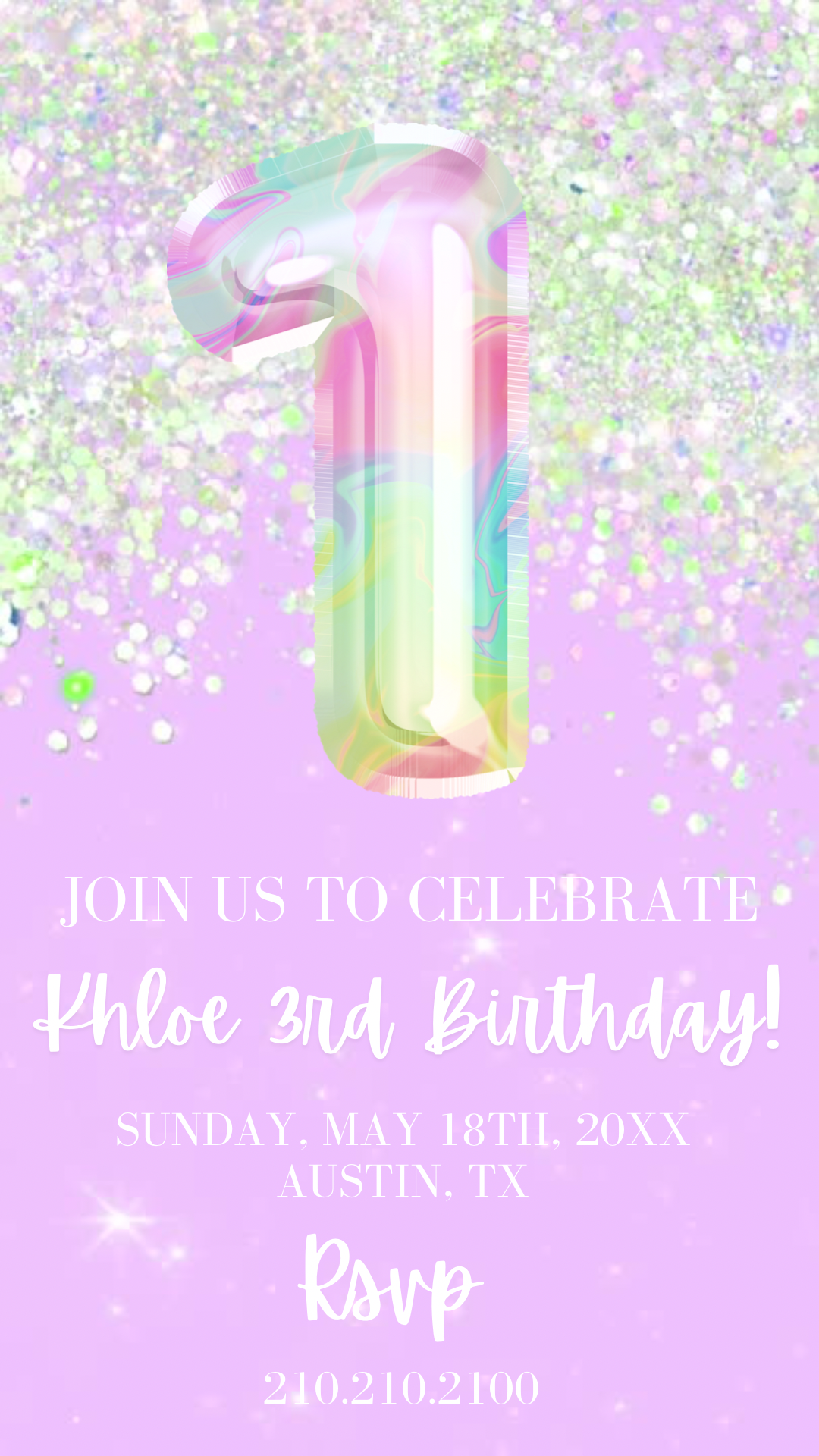 1st Birthday Video Invitation, Purple Glitter Editable 1st Birthday Invitation, Purple Holographic Editable invite