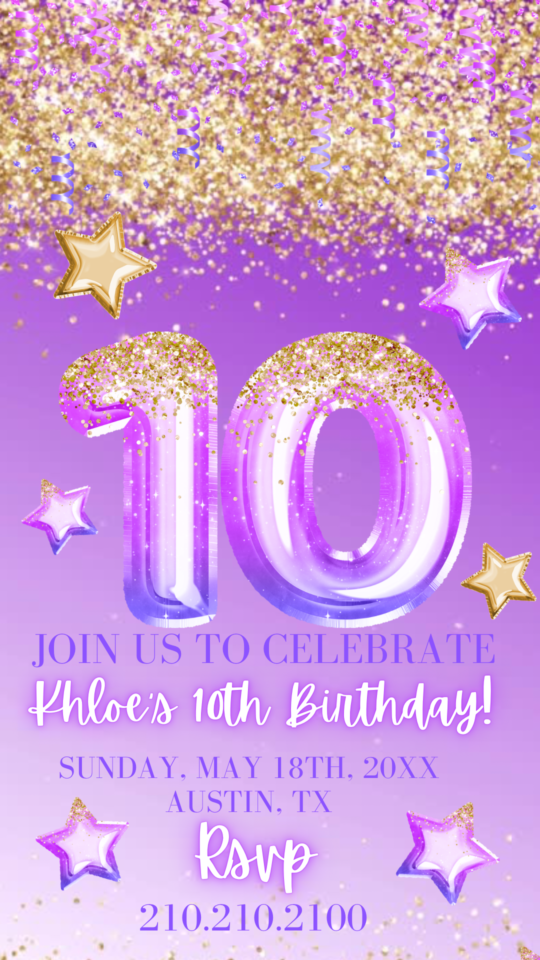 10th Birthday Invitation, Purple Glitter Birthday Invitation, Purple Glitter Video invite