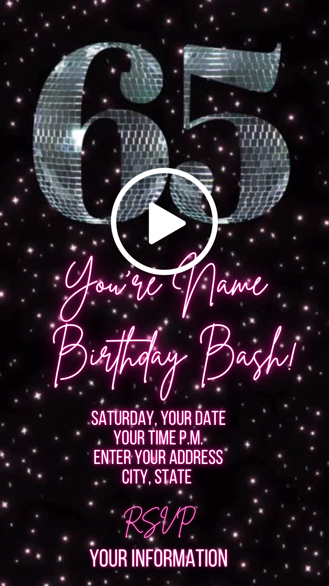 65th Birthday Pink Disco Video Invitation, Disco Ball Invite