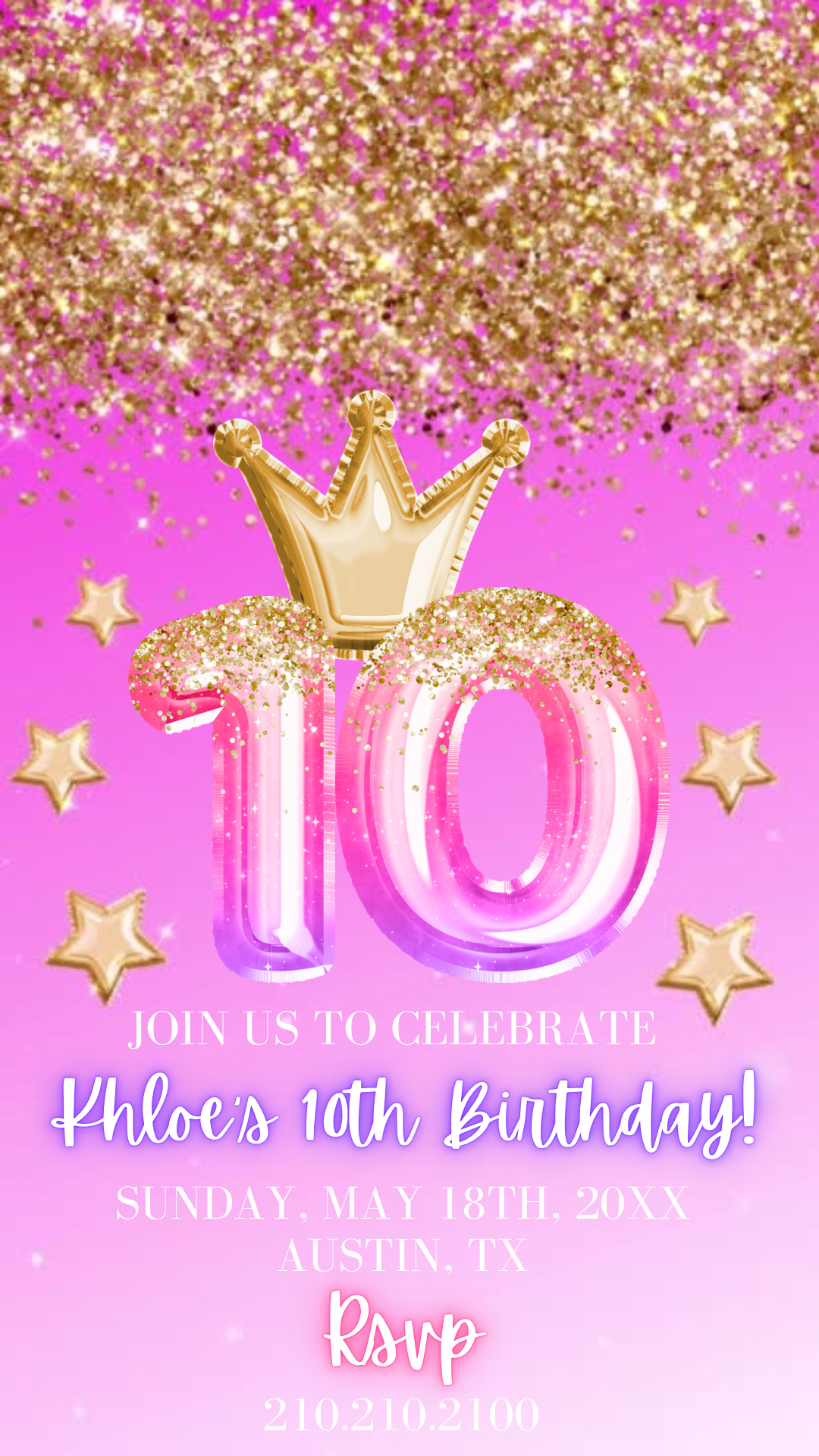 Pink Princess Gold Crown Glitter 10th Birthday, Pink Balloon Number Smartphone Video Invite