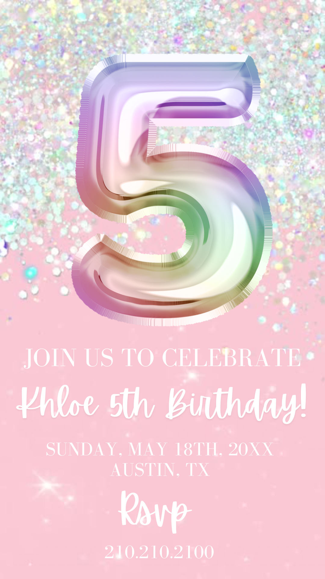 5th Birthday Video Invitation, Editable Pink Glitter Birthday Invitation, Rainbow Holographic Editable invite