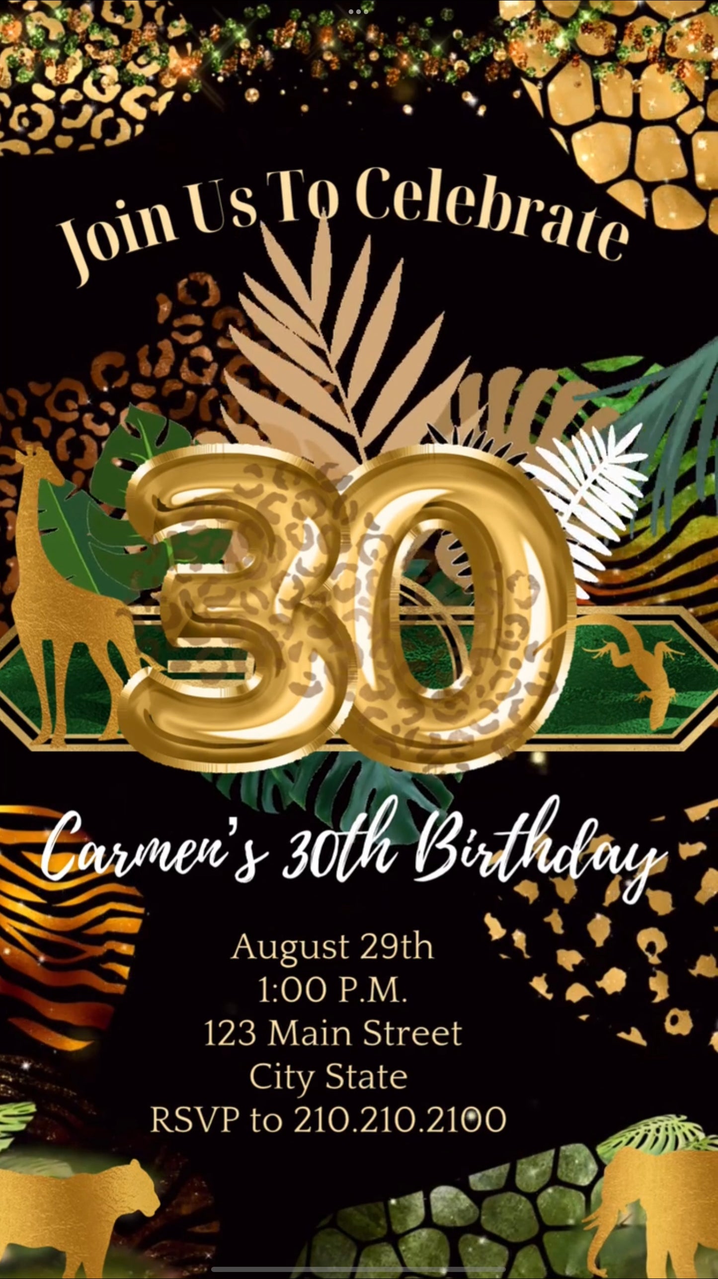 30th Birthday Safari Invitation, Tropical Gold Greenery Video Invitation