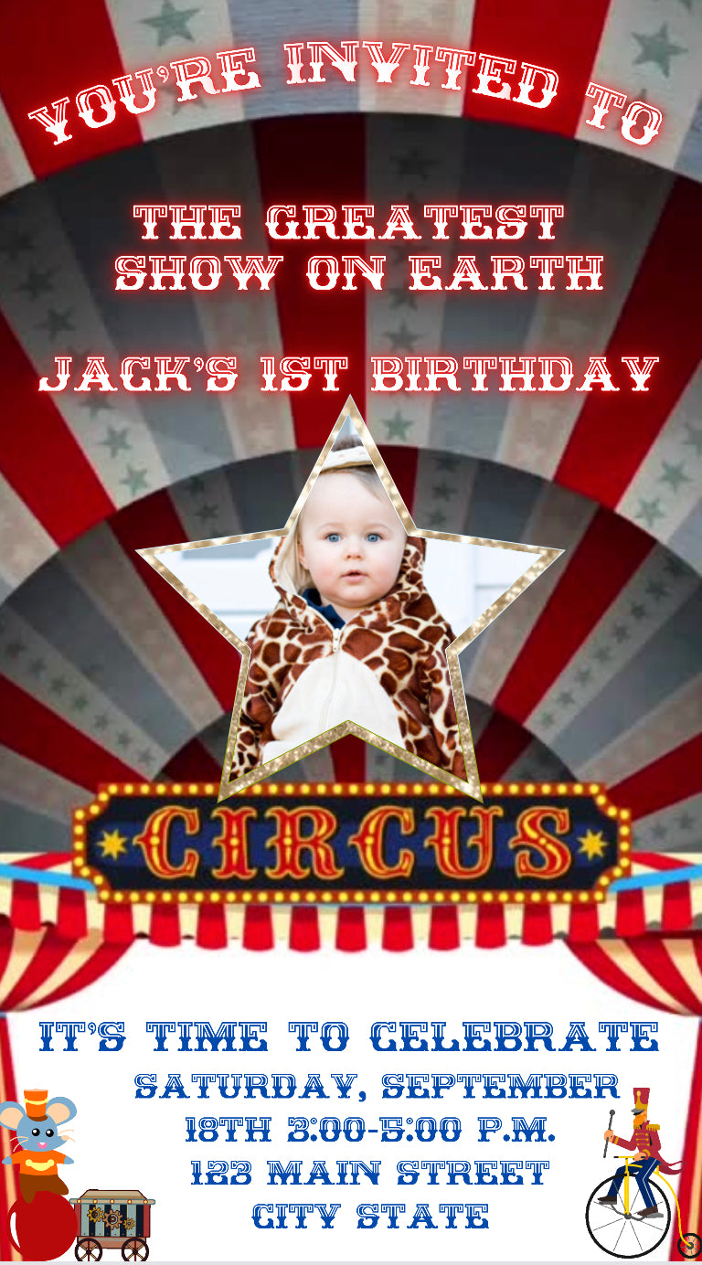 Circus Video invitation, Personalized Photo birthday invitation