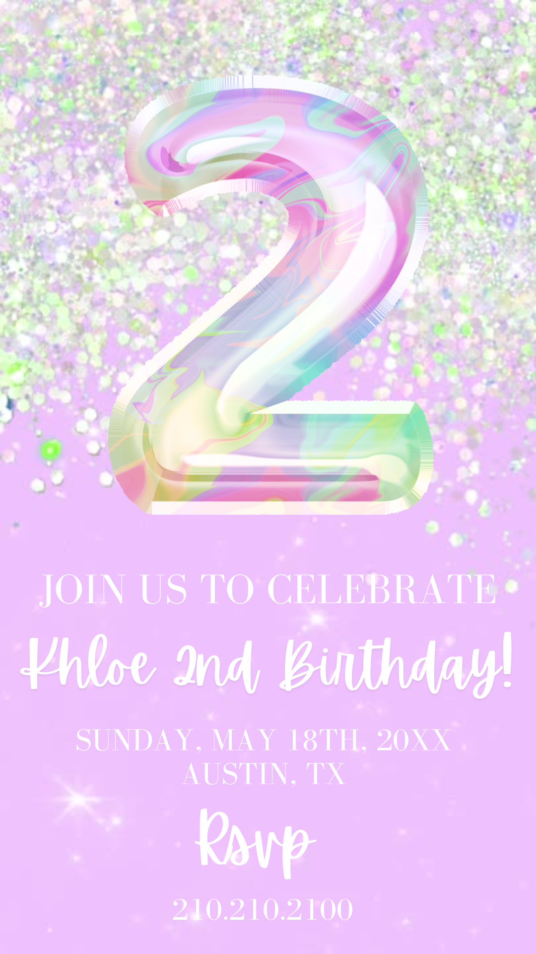 2nd Birthday Invitation Purple Glitter Editable, Purple Holographic Editable invite