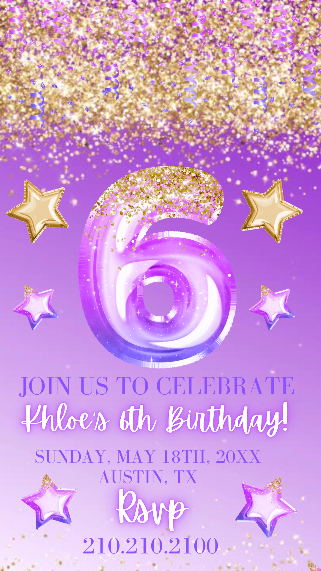 6th Birthday Video Invitation, Purple Glitter Invite, Purple Purple Ombre Glitter Editable Birthday Invitation