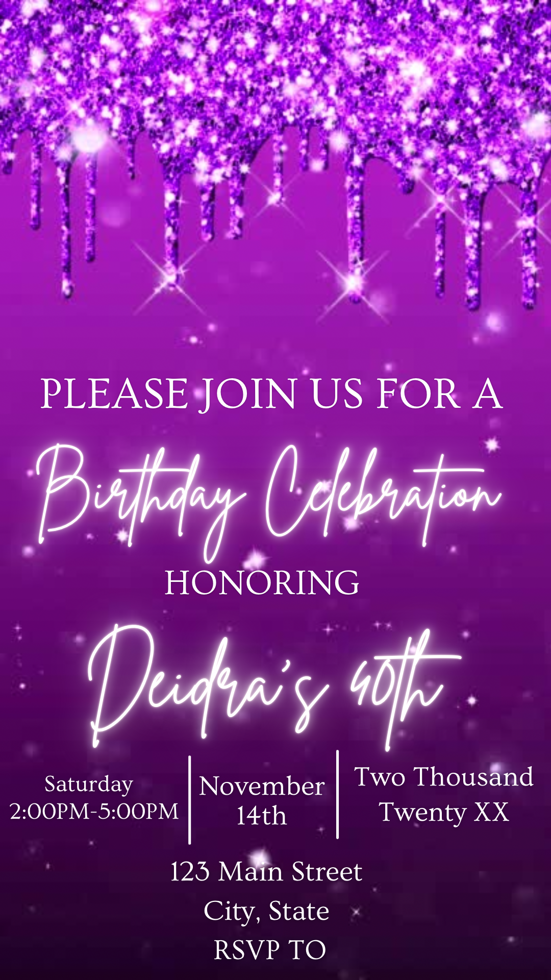 purple glitter drip invitation 