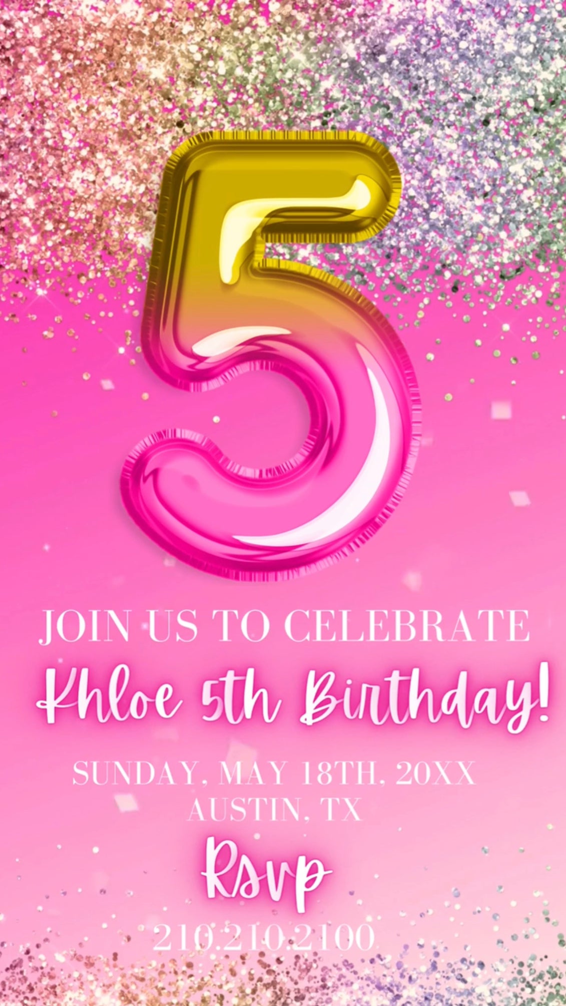 Pink and Gold 5th Birthday Invitation