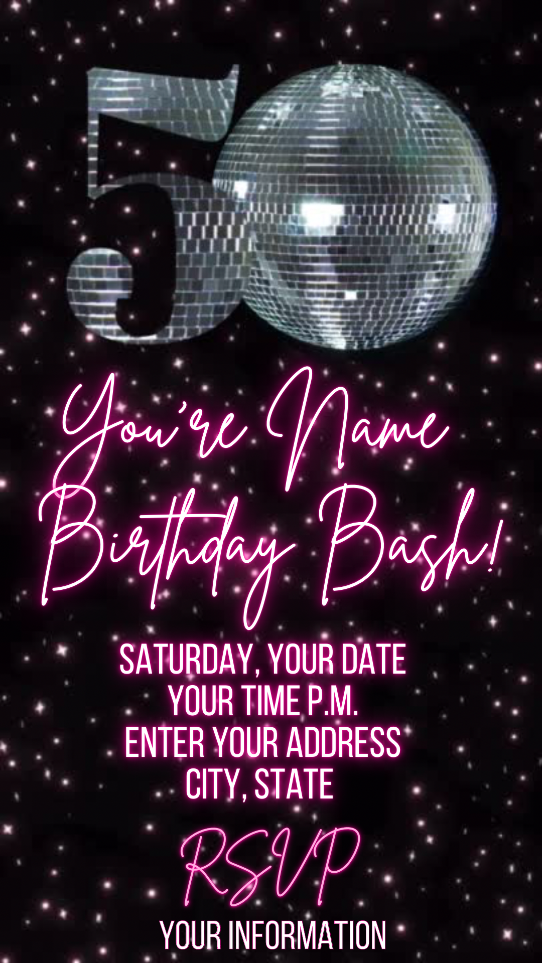 50th Birthday Video Invitation, Disco Ball Invite, Pink and Silver