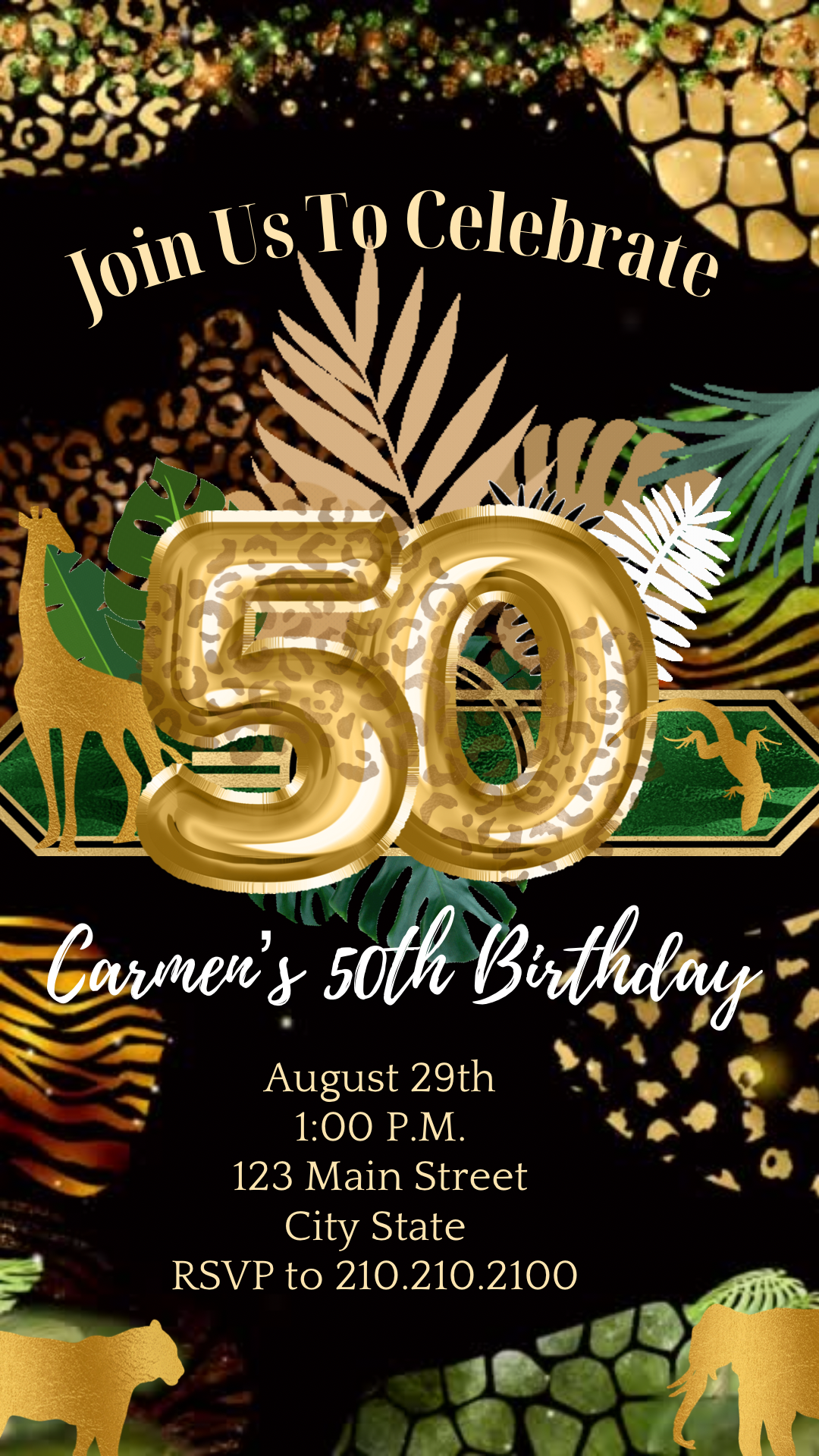 50th Birthday Safari Invitation, Tropical Gold Video Invitation