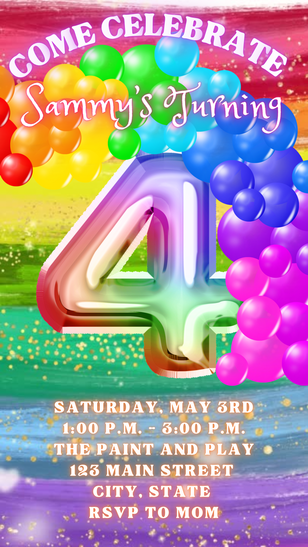 4th Birthday Rainbow Balloon Invitation, Rainbow Birthday Video Invitation