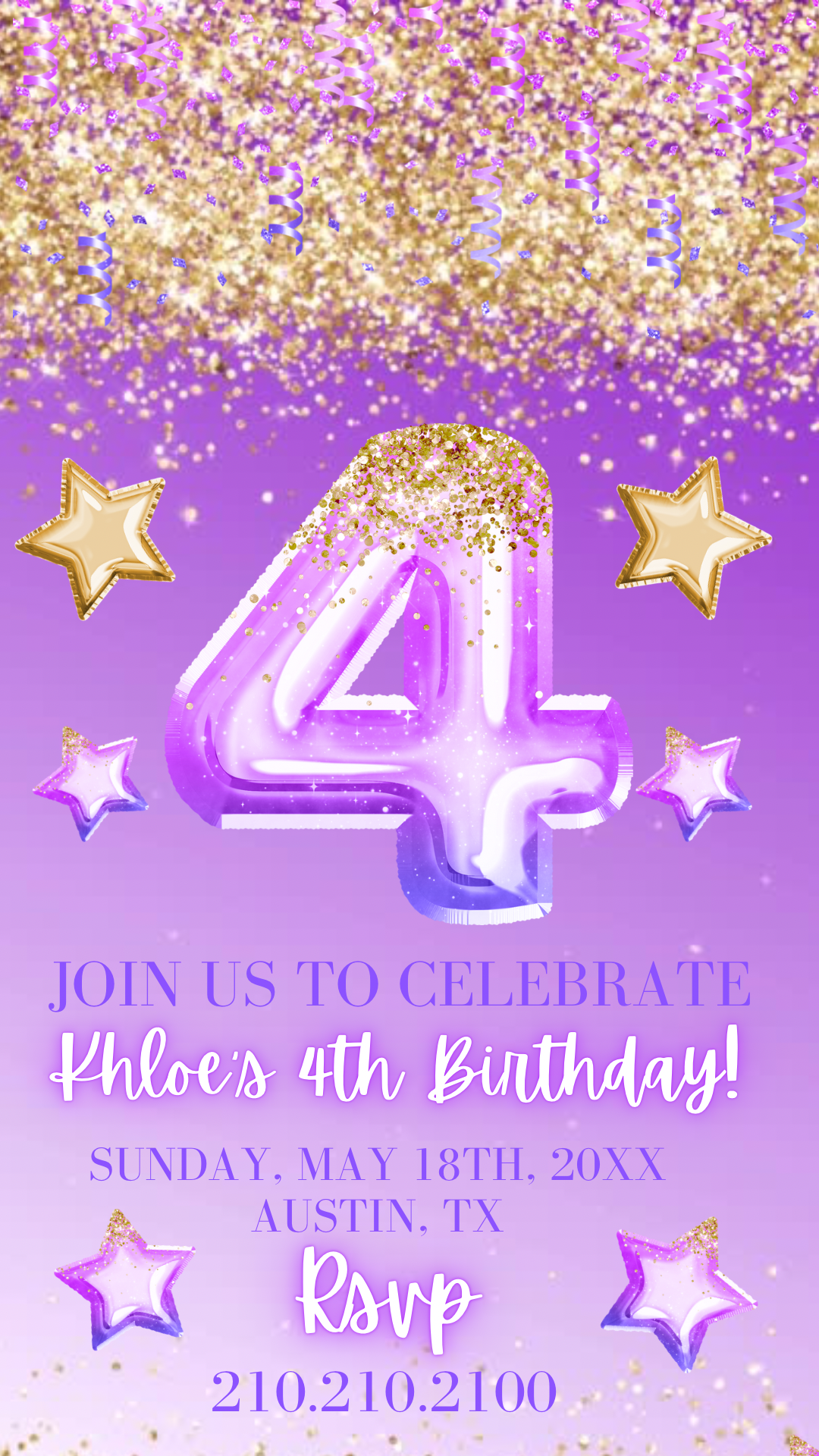 4th Birthday Purple and Gold Glitter Video Invitation