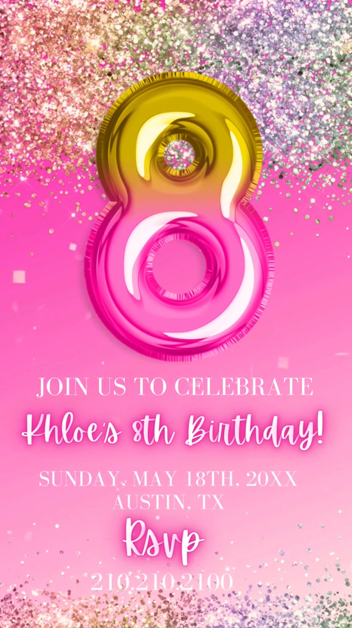 Pink and Gold 8th Birthday Invitation