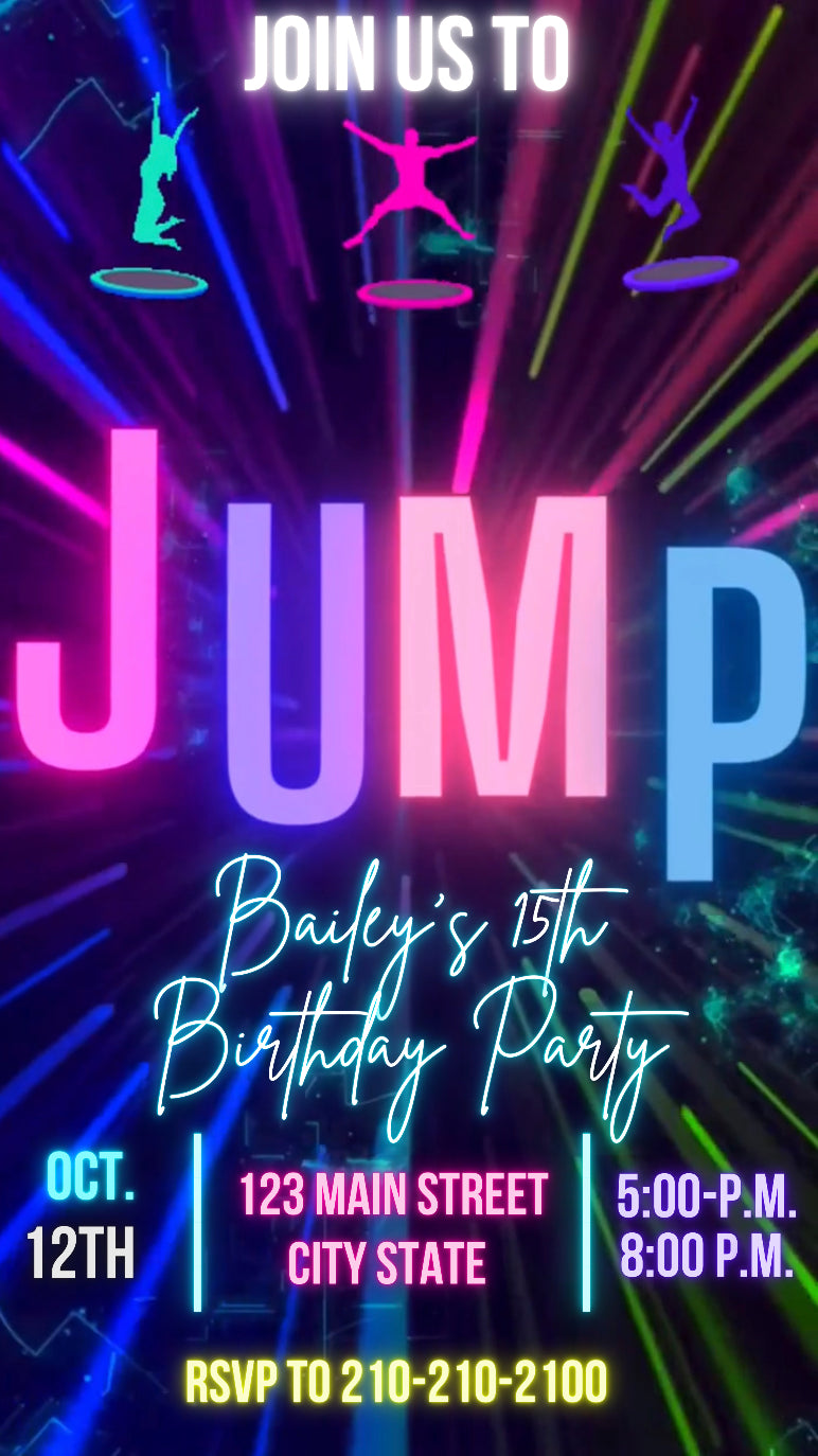 Jump Video Invitation, Girls Jump Birthday Invitation, Trampoline Party