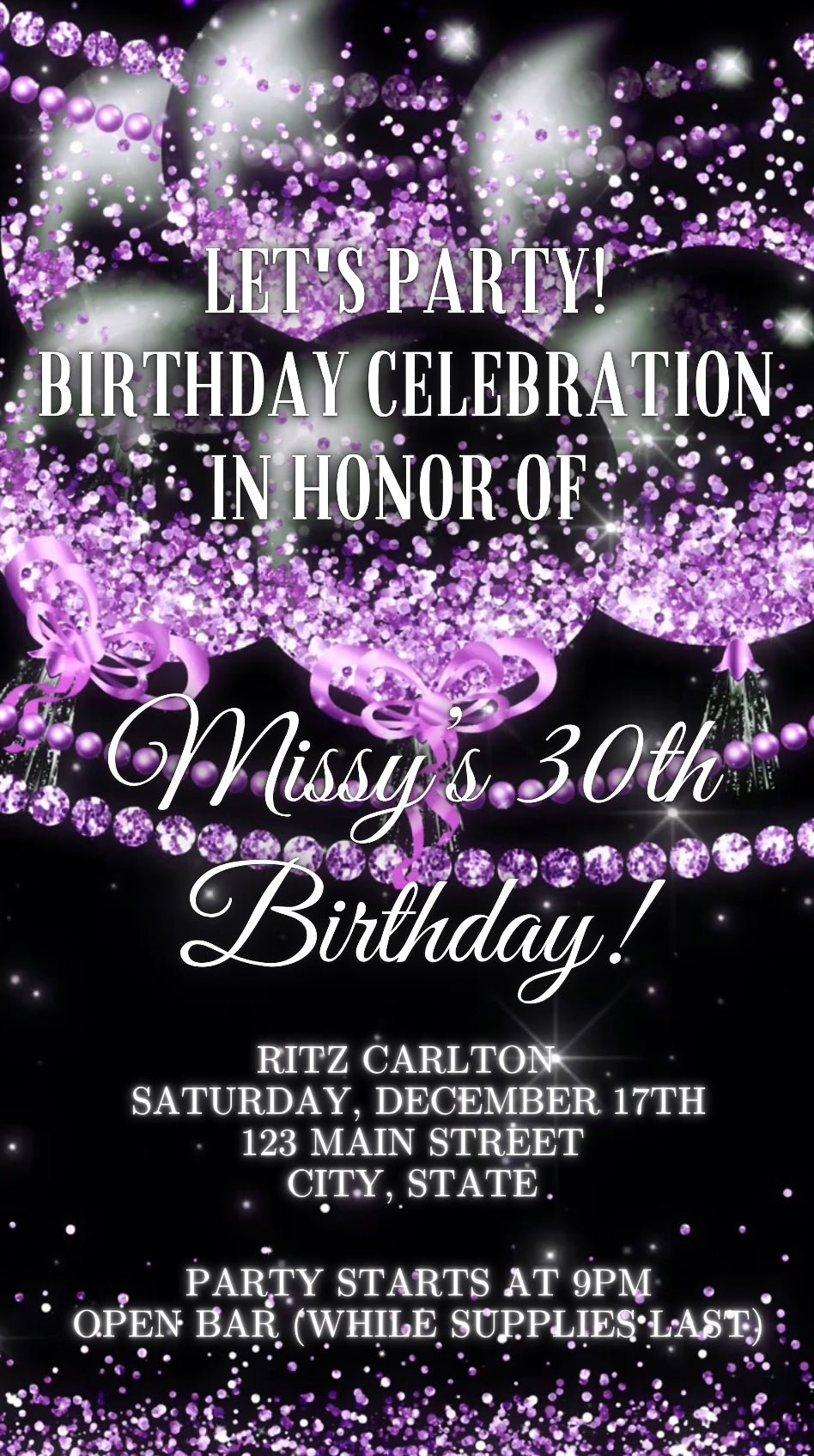 Glamorous Purple Birthday Balloon Video Invite, Any Occasion Evite