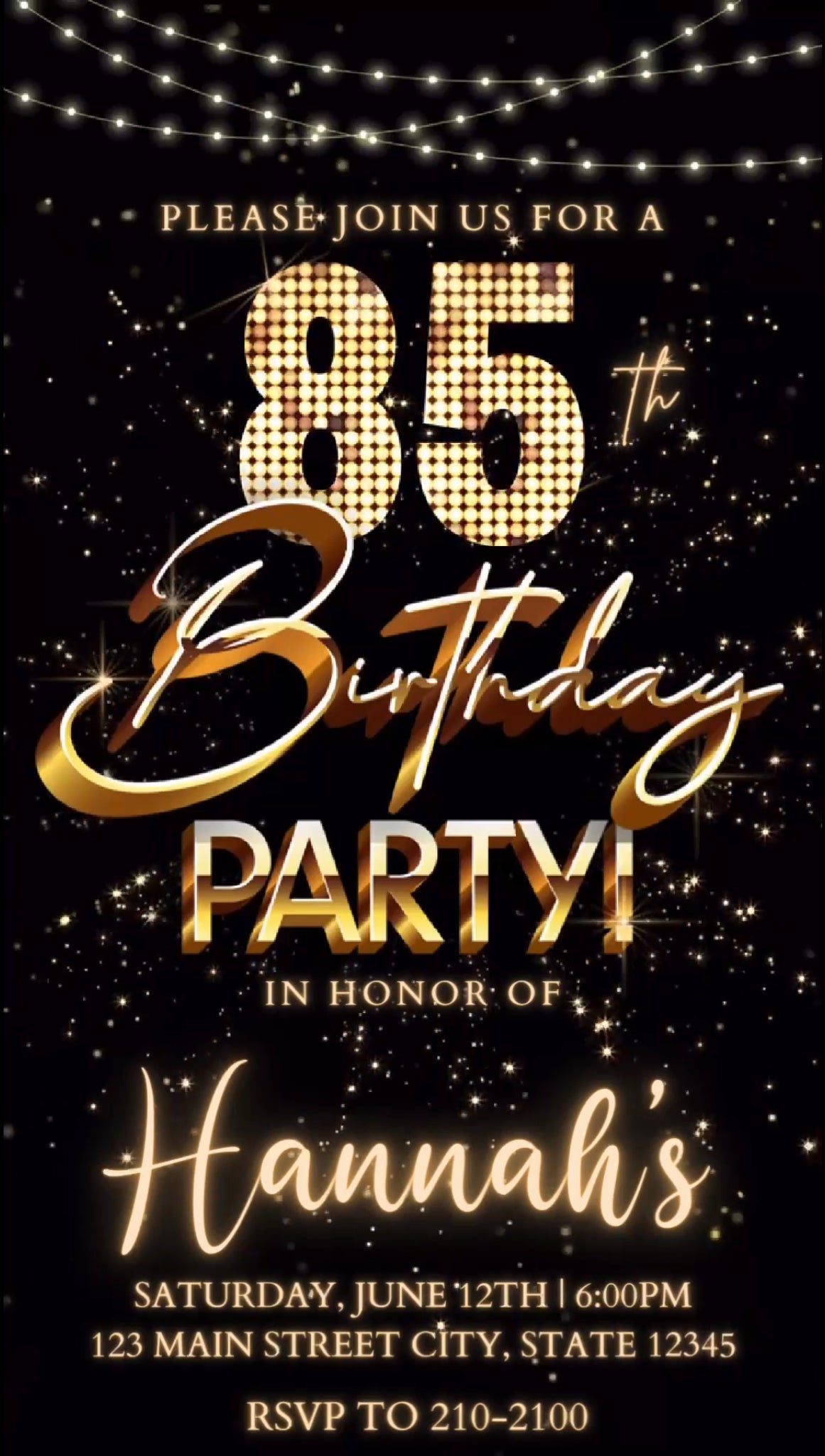 85th Gold Birthday Video Invitation, Gold Glitter Invitation, Any Occasion