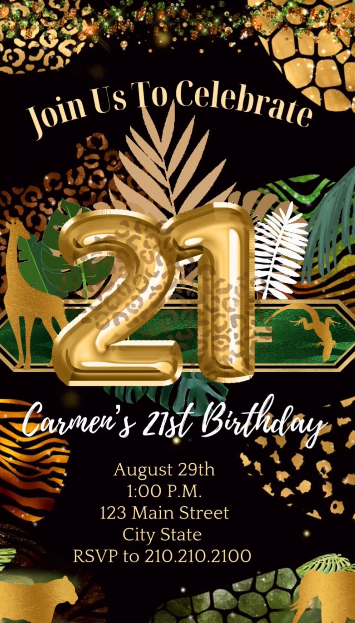 21st Birthday Safari Invitation, Tropical Gold Greenery Video Invitation