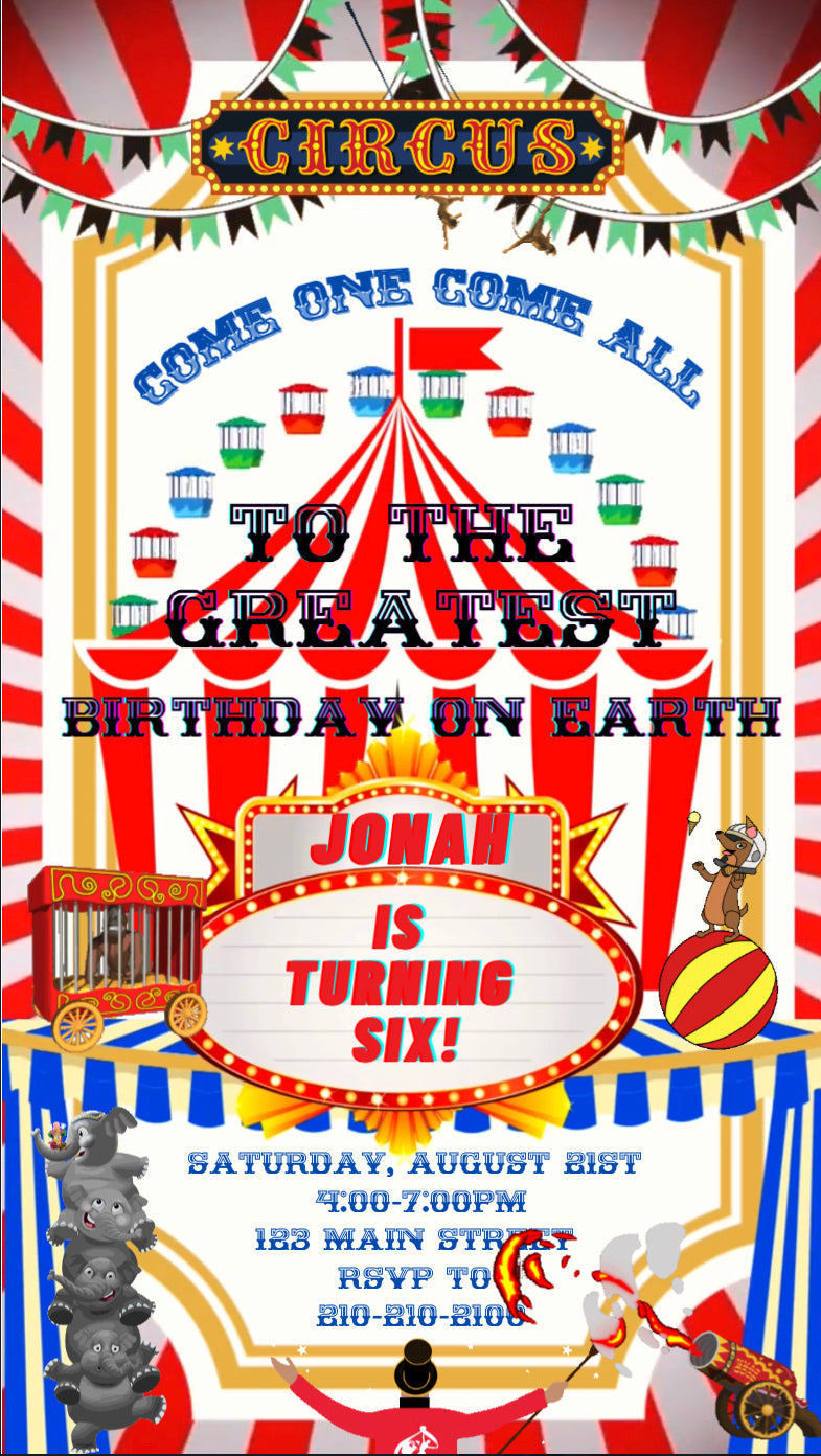 Circus Video invitation, Carnival birthday invitation