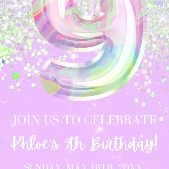 9th Birthday Lilac Video Invitation, Light Purple Glitter Birthday Invite