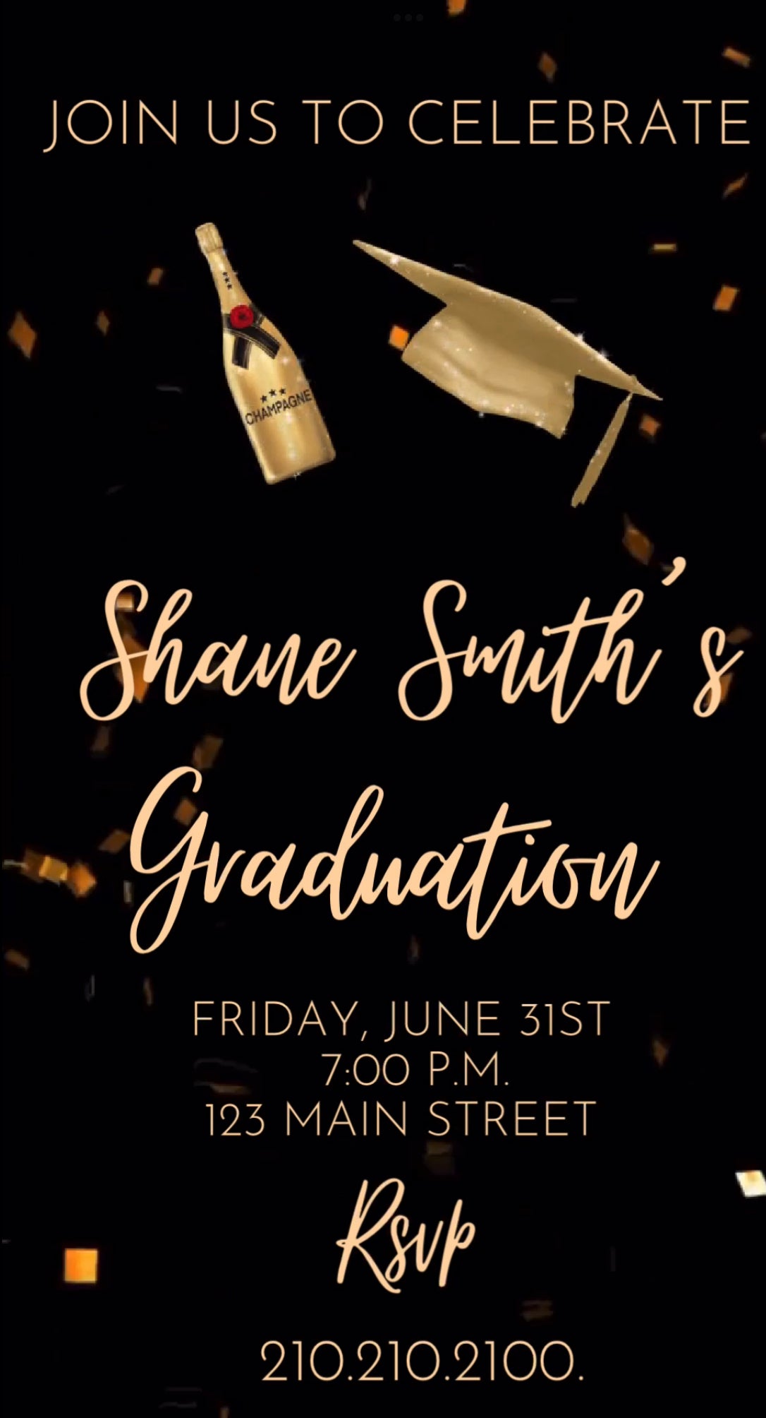Graduation Video Invitation, 2023 Cap and Champagne Graduation Invite
