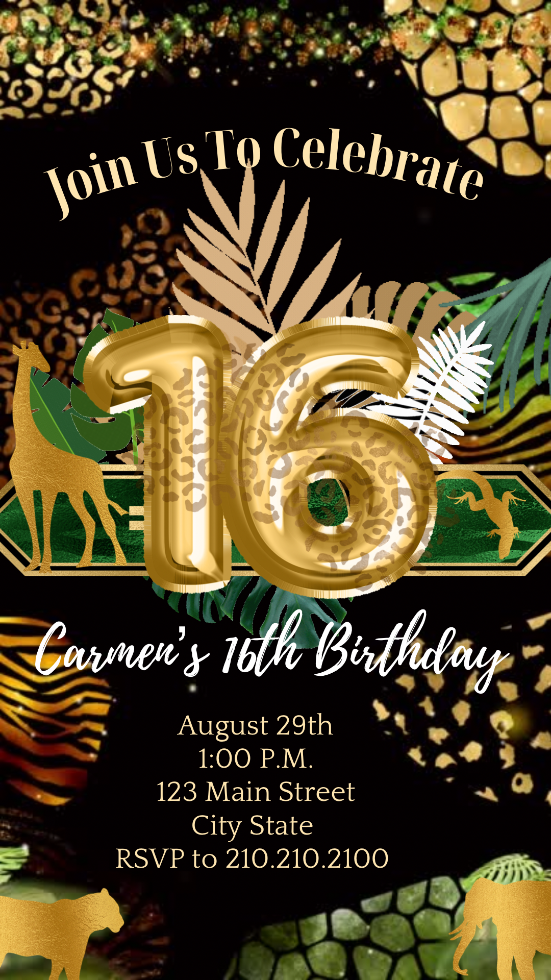 16th Birthday Safari Invitation, Tropical Gold Greenery Video Invitation
