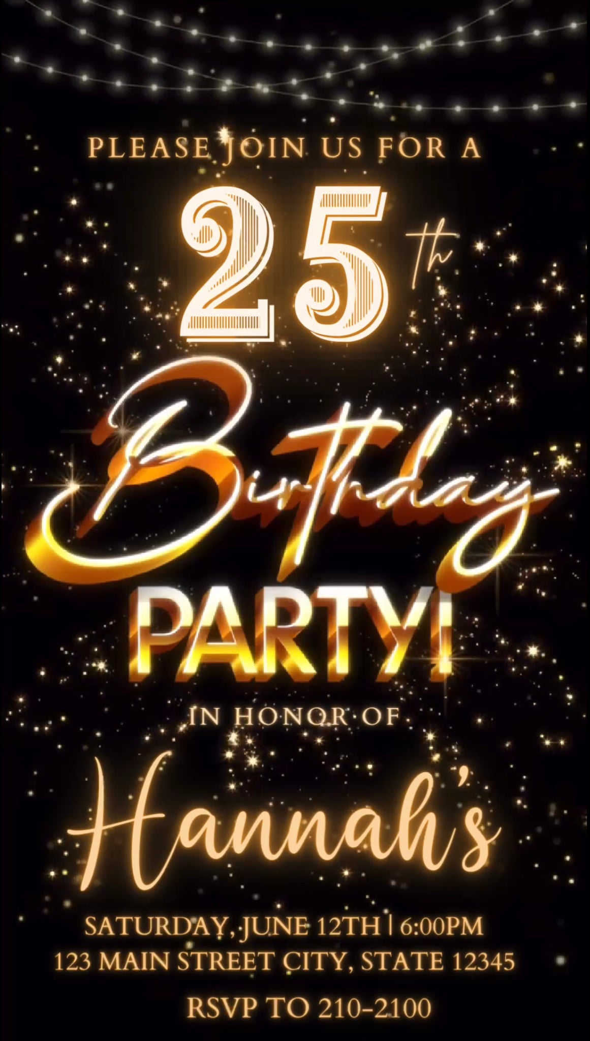 25th Gold Birthday Video Invitation, Gold Glitter Invitation, Any Occasion